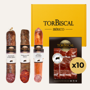Loncheado de jamón de cebo ibérico 50% raza ibérica + lomo cebo ibérico 50% raza ibérica + chorizo ibérico + salchichón ibérico.